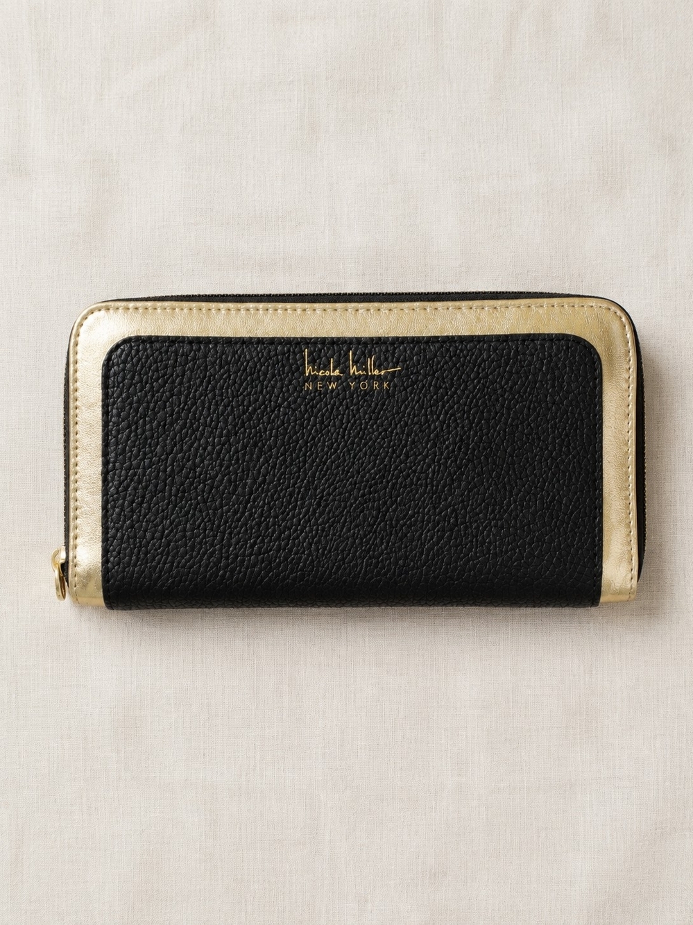 Nicole Miller New York Wallet Black Gold Zip Around Leopard Continental